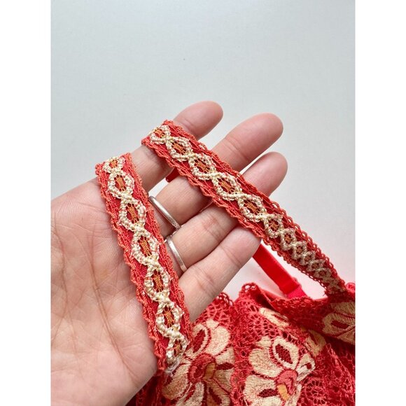LEJABY Red Orange Yellow Floral Lace Seashell Charm Demi Bra, Size 34C - Picture 6 of 13